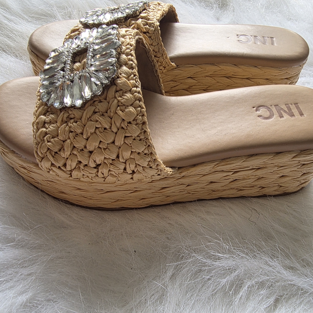 INC International Concepts Women's Tan Wedge Sandals with Silver Accents
